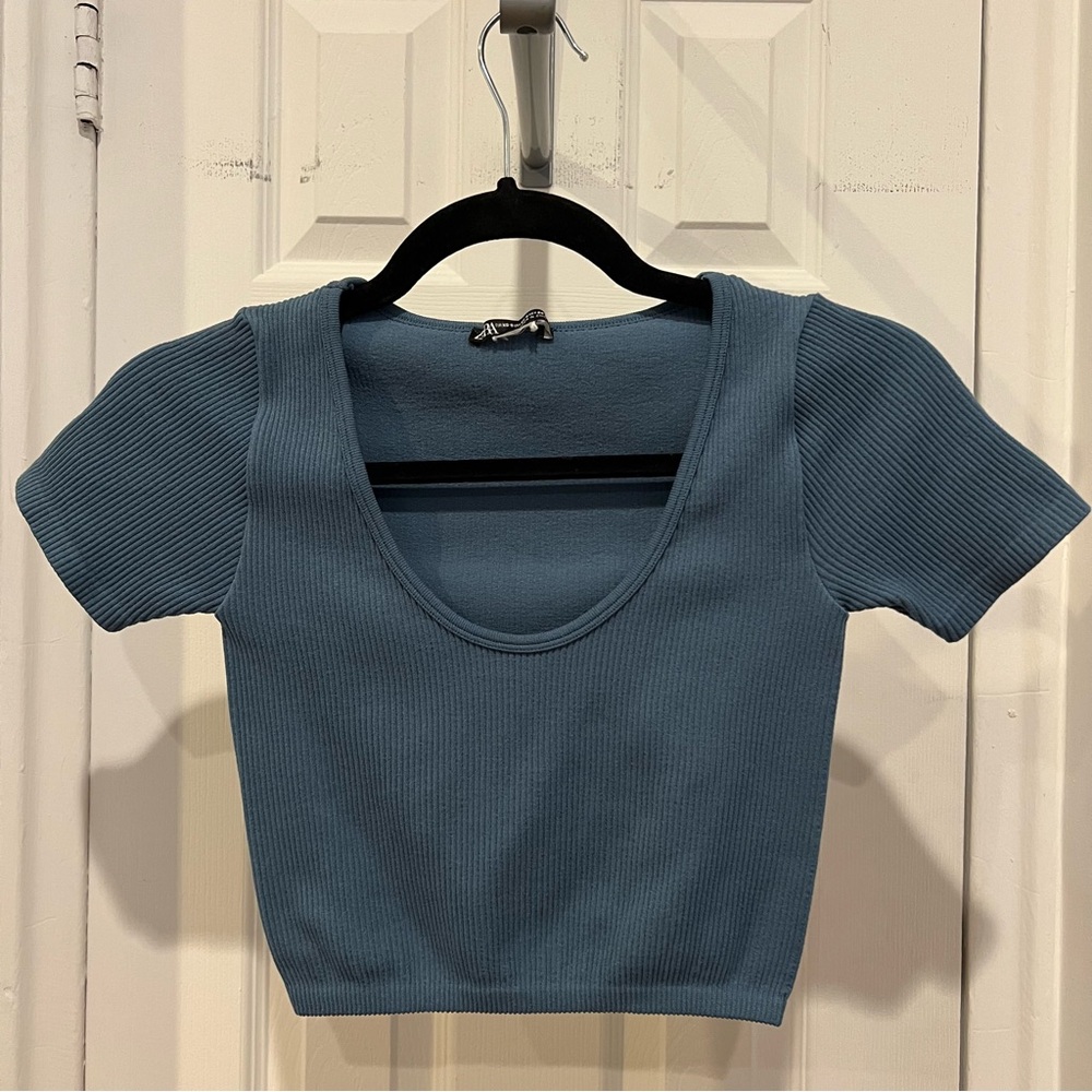 Zara Blue Ribbed Crop Top
